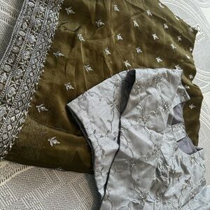 Elegant Olive Green and Silver Embroidered Outfit